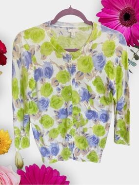 J. Crew The Clare Cotton Floral Watercolor Cardigan in Lime Green and Lavender